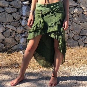 Olive Green Layered Women's Skirt - 100% cotton - High-Low Bohemian Festival